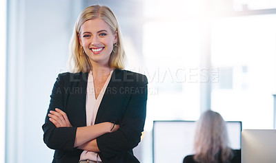 Buy stock photo Business, confident and portrait of girl in office for internship as secretary for company, admin work and tasks. Female employee, happy and working or part time for administration to learn skills.