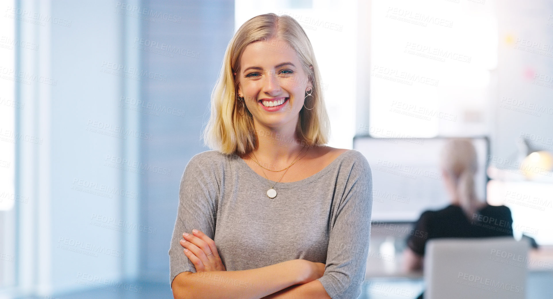 Buy stock photo Creative, happy and portrait of girl in office for internship as secretary for company, admin work and tasks. Female employee, confident and working or part time for administration at designer agency