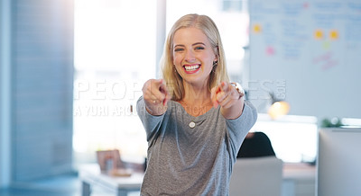Buy stock photo Portrait, business and woman with a smile, pointing to you or professional with confidence, office or motivation. Face, female person or employee with gesture for inspiration, entrepreneur and career