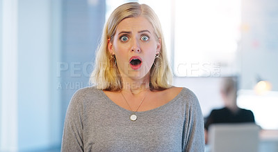 Buy stock photo Wow, surprise and portrait of woman in office for announcement, news or marketing error. Company, confused and female employee reaction to offer, hearing information or project failure in workplace