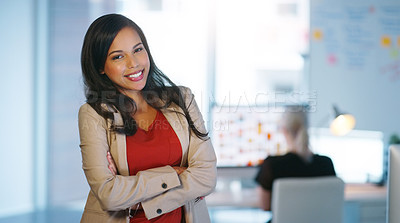 Buy stock photo Portrait, business and woman with arms crossed, employee and happiness in a workplace. Face, happy female person and professional with confidence, consultant and startup success with career and smile