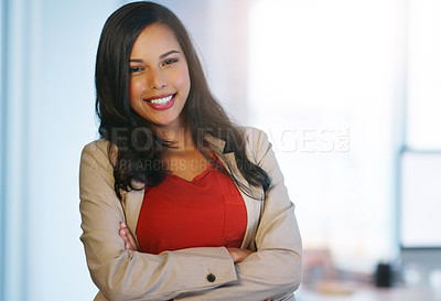 Buy stock photo Portrait, career and woman with arms crossed, professional and confident lady in a workplace. Face, female person and professional with happiness, growth and development with startup success and job