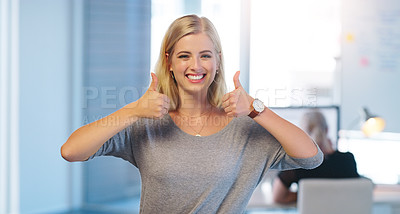 Buy stock photo Portrait, happy or businesswoman with thumbs up for work agreement, approval or yes sign in office. Smile, okay or proud designer with confidence, success or like hand gesture for good job or goal
