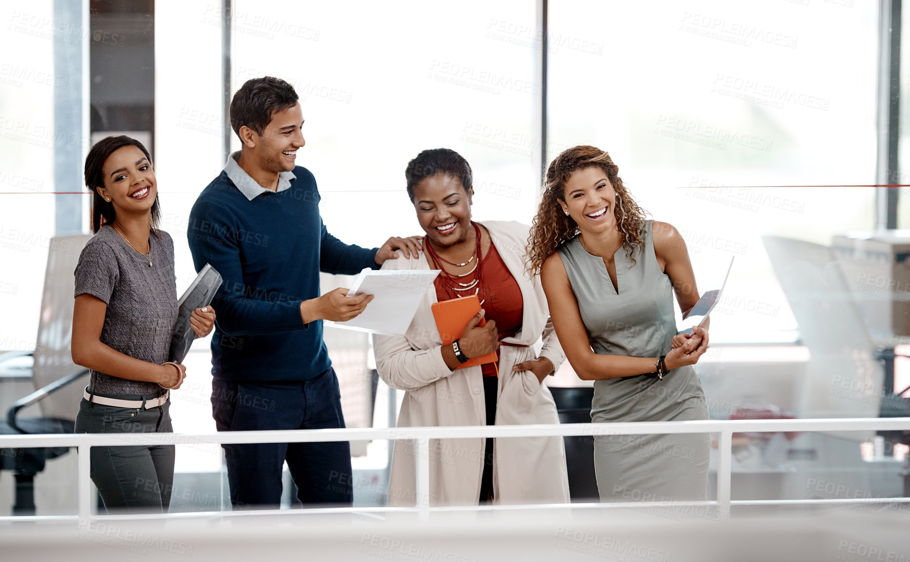 Buy stock photo Business people, laughing and discussion in office lobby for startup break, social and small creative agency. Designer, document and art director for project proposal, planning and entrepreneur