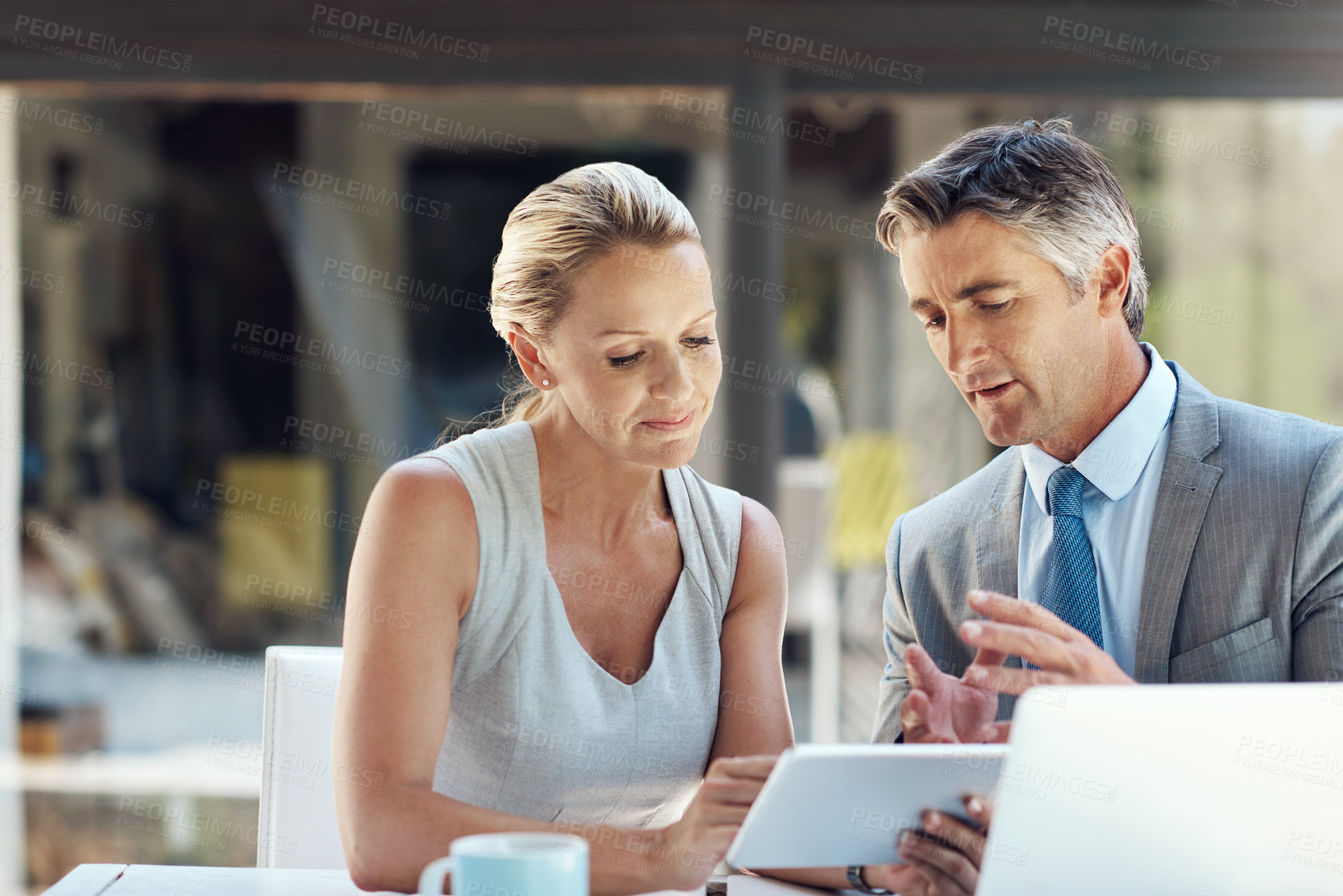 Buy stock photo Business people, research and laptop with tablet at office for corporate, project and brainstorming. Finance, employee and collaboration with technology for audit report, review or analysis of income