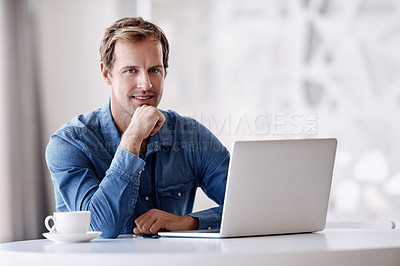 Buy stock photo Businessman, portrait and office with laptop, idea and confidence for audit as accountant. Male person, pride and technology as thinking for finance agency, banking and investment opportunity at work