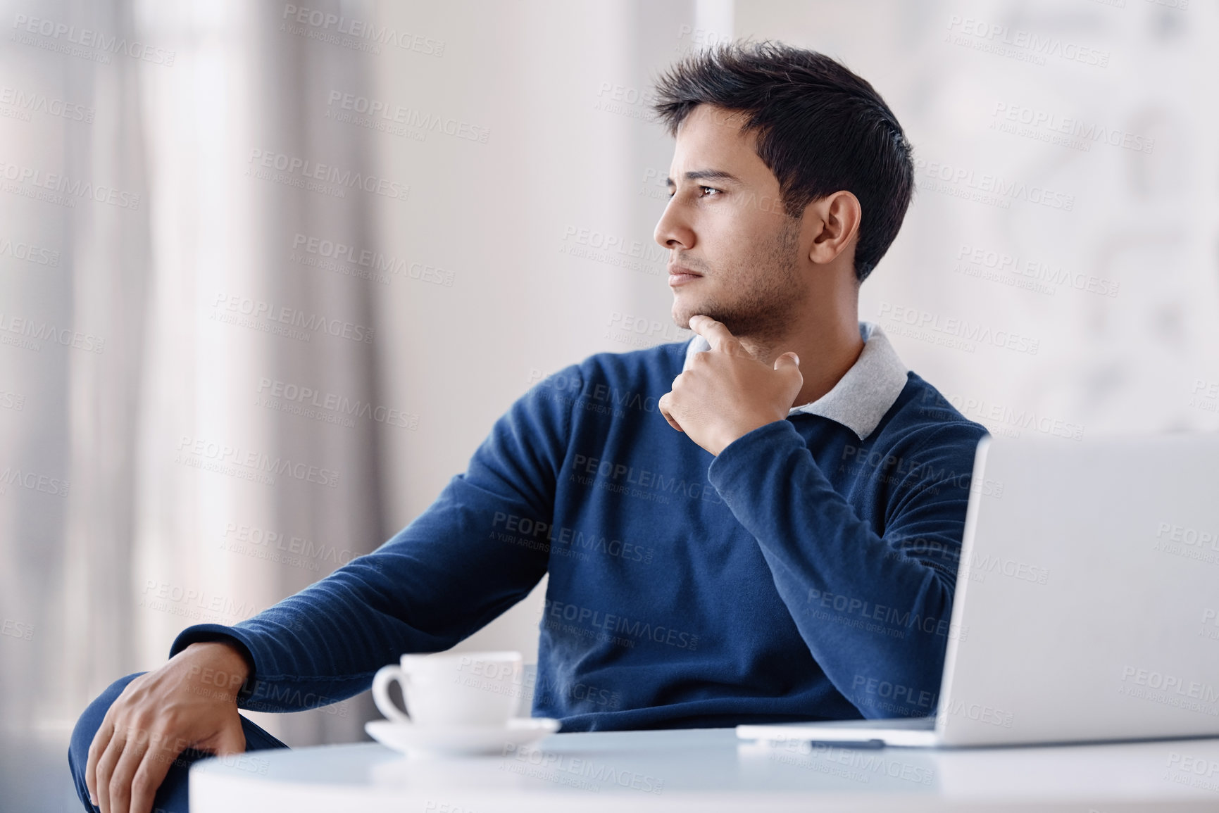 Buy stock photo Man, employee and thinking in office, problem solving and banker project for reflection. Male person, worker brainstorming and workplace for contemplating ideas, vision and ponder proposal with tea