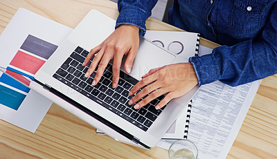 Buy stock photo Hands, laptop and finance from above with a business woman typing on a keyboard in her accounting office. Computer, documents and financial budget with an employee planning an investment strategy