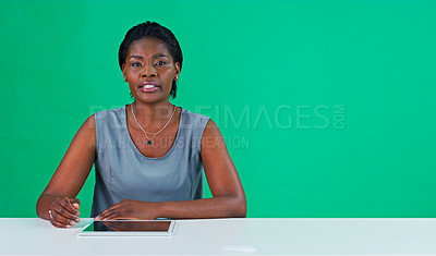 Buy stock photo News report, portrait and a black woman on a green screen for a broadcast, press or information. Serious, desk and an African journalist or reporter hosting a show isolated on a studio background