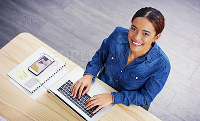 Buy stock photo Portrait, African woman and typing by table for top view, writing email and creative agency with coding. Tech, black designer and keyboard in workplace with website testing and layout for web project