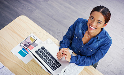 Buy stock photo Portrait, African woman and laptop by table for top view, coding and creative agency with online software. Tech, black designer and keyboard in office with website testing and layout for seo project