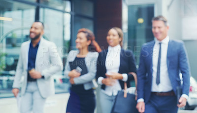 Buy stock photo Blur, group and business people in city, walking and cooperation for project development. Professional, outdoor and corporate with teamwork and discussion with collaboration and planning with ideas