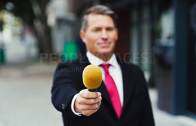 Buy stock photo Professional, reporter or man with microphone outdoor for reporting news, information or broadcast. Career, male person or media worker with mic for live streaming, interview or journalist with tech