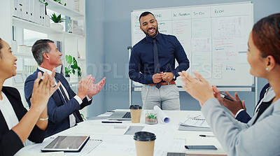 Buy stock photo Office, business people and clapping for man after presentation, support and applause of colleagues. Professional, coworkers and presenter cheering for success, achievement or solidarity in workplace
