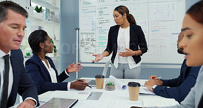 Buy stock photo Businesswoman, presentation and meeting in office with colleagues and tech, corporate leader with strategy. Female manager or pitch with coworkers at workplace for teamwork, collaboration at company