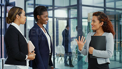 Buy stock photo Team, business and woman in office for discussion for corporate plan, teamwork and feedback for staff. Group, happy and female lawyers with document for meeting in workplace for review with report