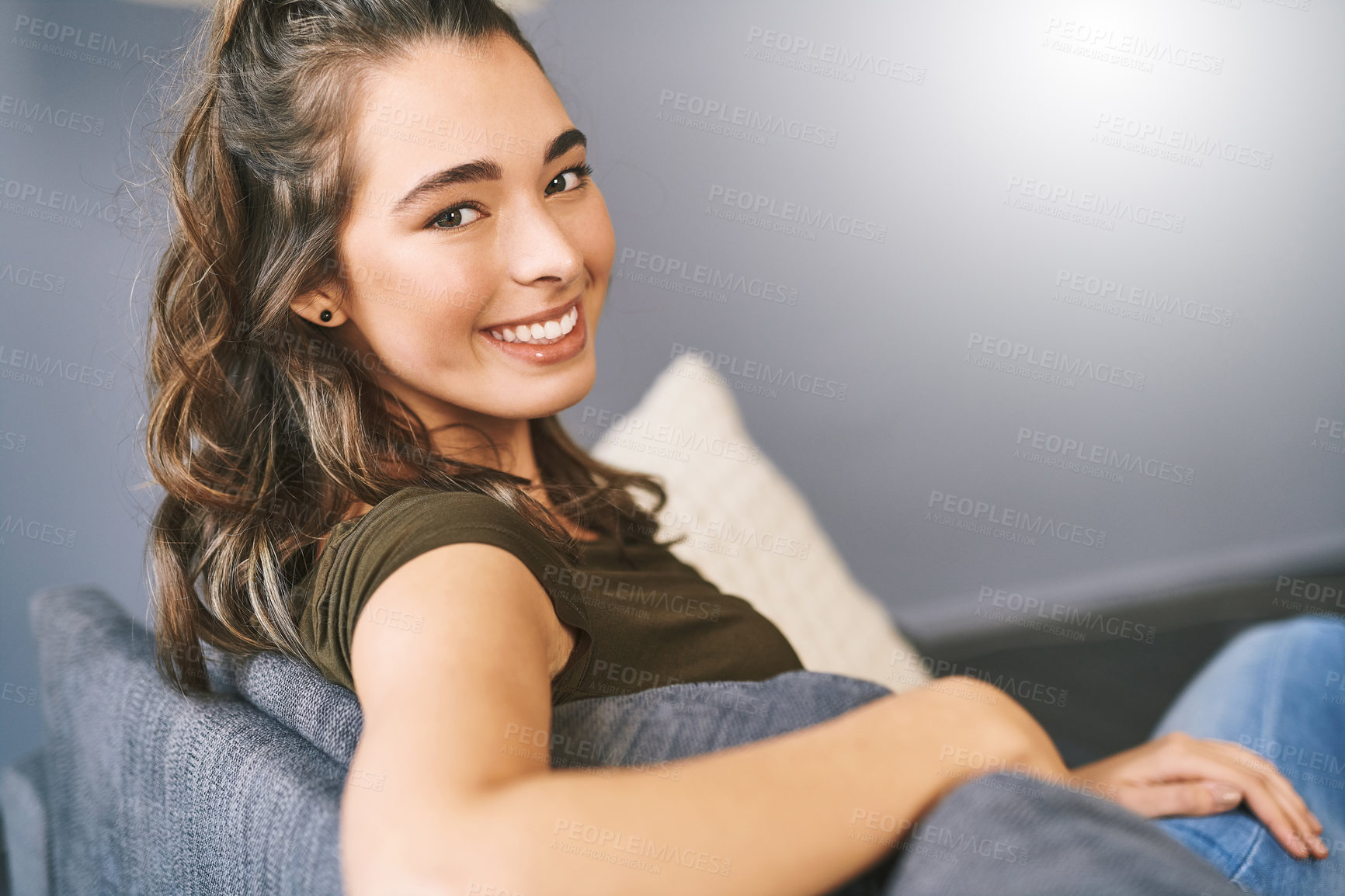 Buy stock photo Relax, smile and portrait of woman on sofa for resting, happy and comfortable on weekend. Apartment, living room and person on couch for chilling, break and calm with confidence, pride and home