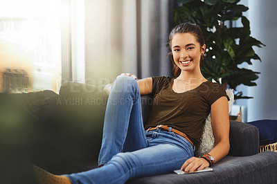 Buy stock photo Happy, morning and portrait of girl on sofa for resting, relaxing and comfortable on weekend. Home, living room and woman on couch for chilling, break and calm with confidence, pride and smile