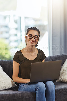 Buy stock photo Girl, laptop and portrait with smile on sofa in home with elearning, studying and education in morning. Woman, nerd and student on couch with computer, video and excited for online course in Portugal