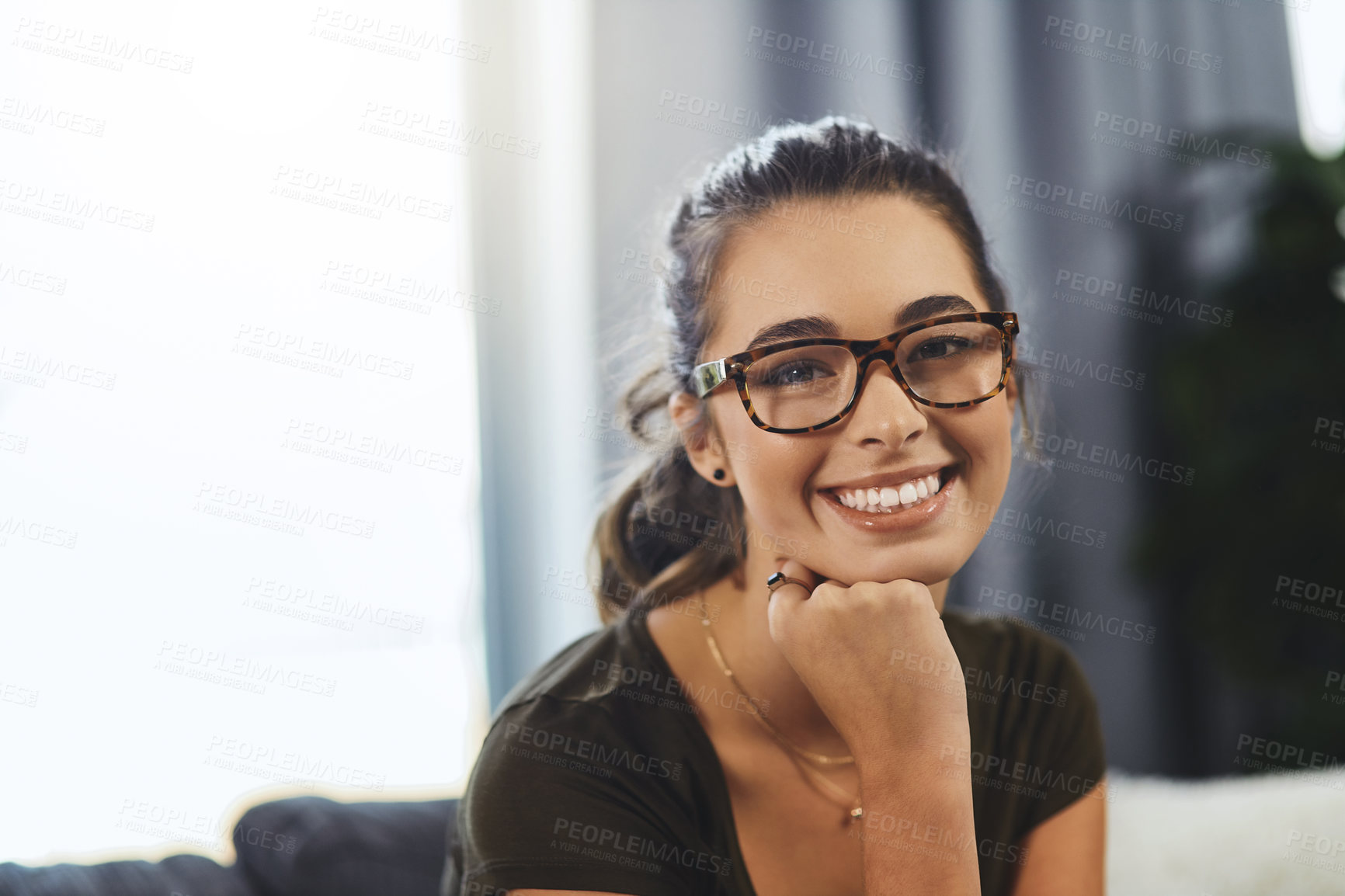 Buy stock photo Happy, sofa and portrait of woman relaxing in home with calm for weekend morning in living room. Smile, glasses and female person from London with leave day or break for peace in lounge at apartment.