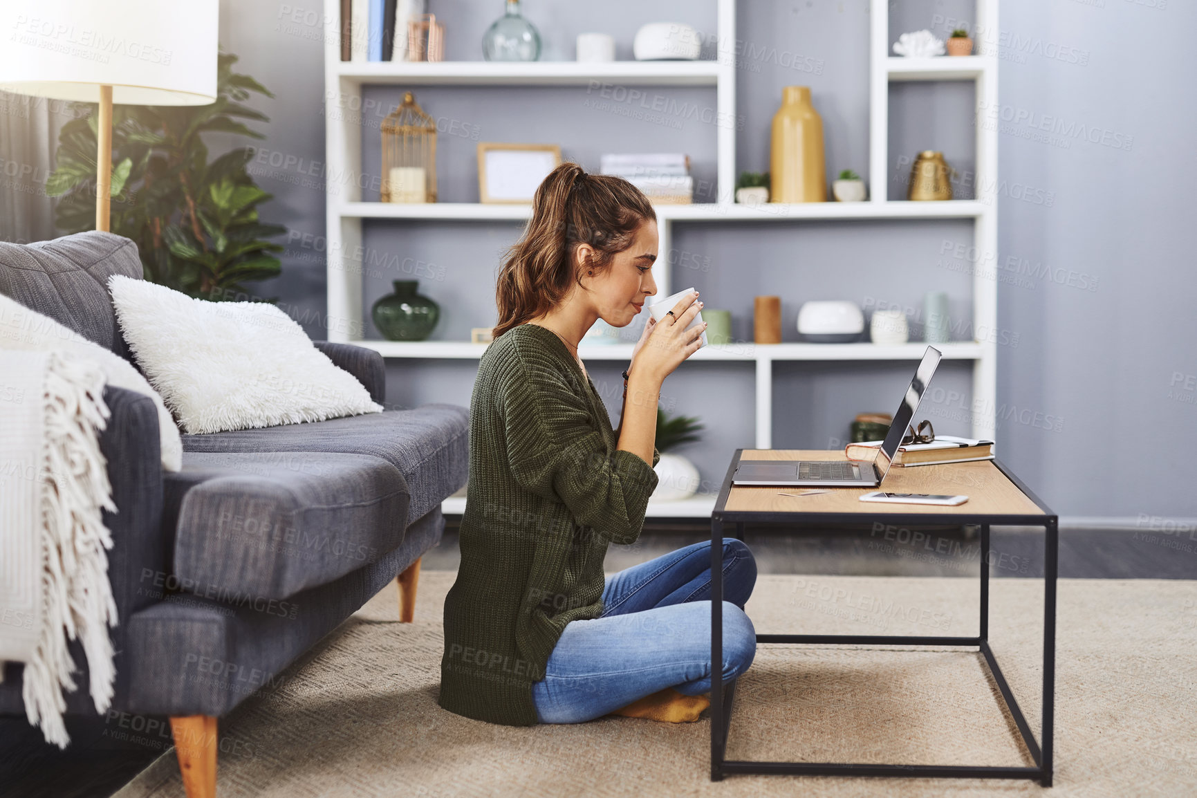 Buy stock photo Woman, laptop and coffee on floor in house with reading, thinking and review for project in morning. Person, writer and computer on carpet with drink for editing, proposal or remote work at apartment