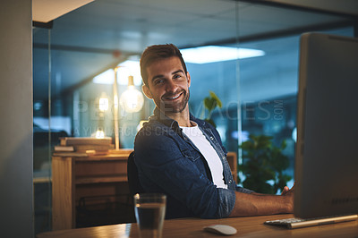 Buy stock photo Computer, night and portrait of happy man in office for software development and troubleshooting of system. Smile, tech and male IT specialist working overtime with online firewall configuration.