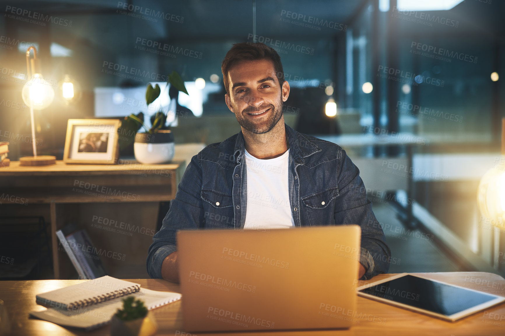 Buy stock photo Office, laptop and portrait of businessman at night for website, research and online project. Professional, company and person on computer for working late for deadline, proposal and email networking