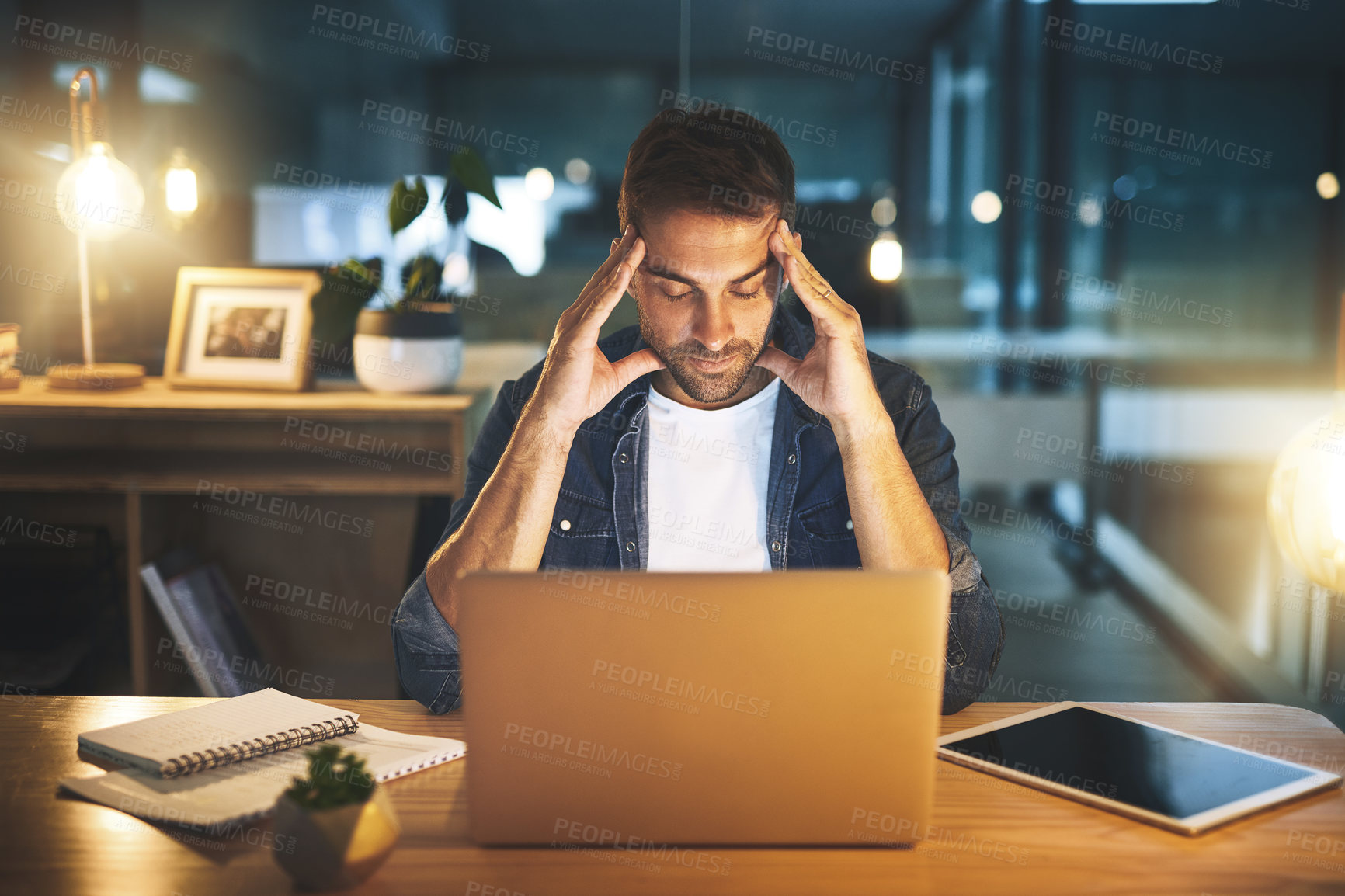 Buy stock photo Business, man and laptop with headache of stress for stock market crash, burnout and overworked. Professional, trader and migraine at desk in office for investment mistake or economy crisis at night