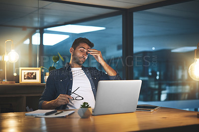 Buy stock photo Business, man and tired of eye strain with laptop for burnout, online trading and overworked on deadline. Professional, trader and migraine in office at night with fatigue, exhausted or mental health