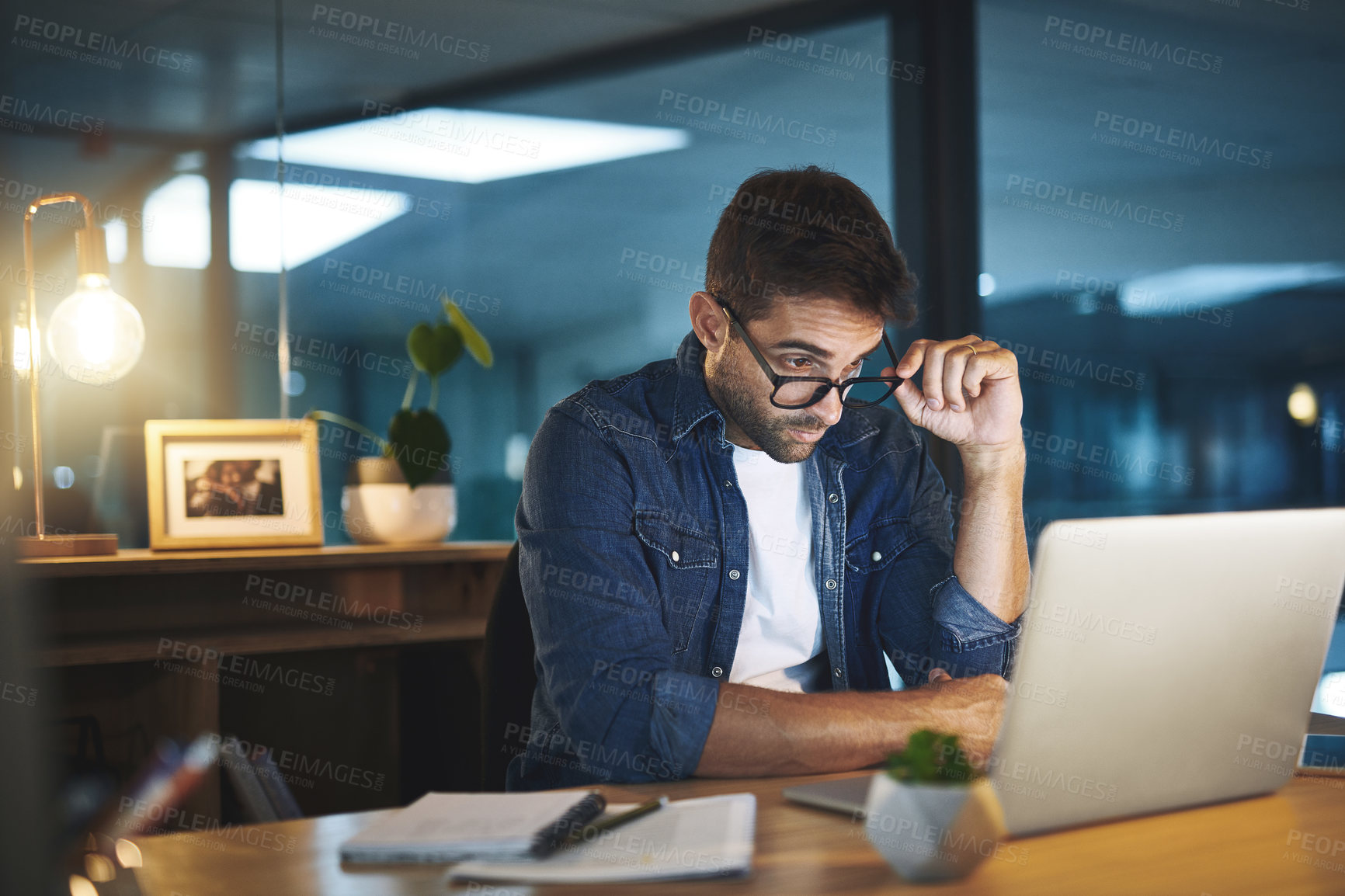 Buy stock photo Business, man and laptop at night with reading stock market trends, crypto decision and overworked. Professional, trader and online in office with contemplating investment, economy crisis and glitch