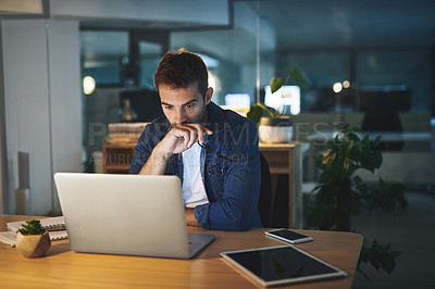 Buy stock photo Night, reading and man in office with laptop, business planning or checking email at digital agency. Thinking, dark and consultant with web report, computer and ideas for online research at desk