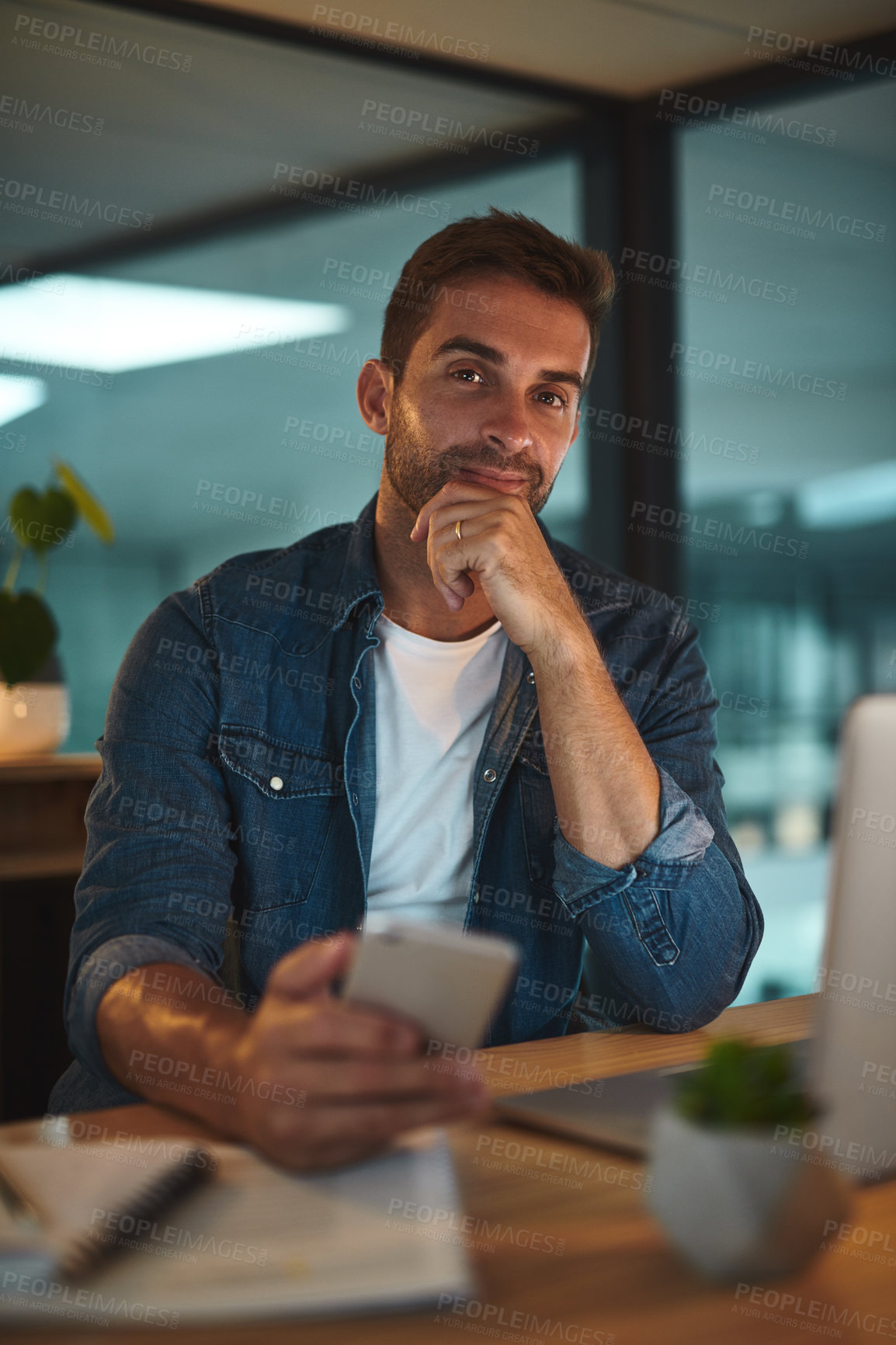 Buy stock photo Office, night and portrait of business man with phone for social media, networking and contact. Working late, professional and person on smartphone for online chat, internet research and website