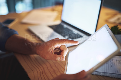 Buy stock photo Hands, tablet and blank screen in office, night and planning with project, review and mock up space at startup. Entrepreneur, person and touchscreen for search, click and app ux at creative agency