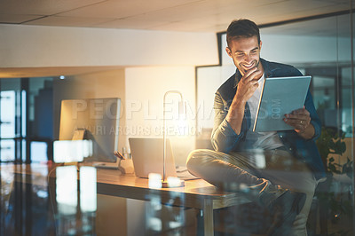 Buy stock photo Business, office and happy man on tablet at night for research project, online website and internet. Professional, startup and worker on digital tech working late for planning, networking and email