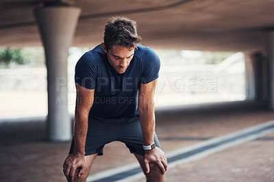 Buy stock photo Fitness, tired and man with rest in outdoor for running challenge, exhausted or marathon training. Breathing, sports and male athlete with break for wellness, workout fatigue or cardio exercise