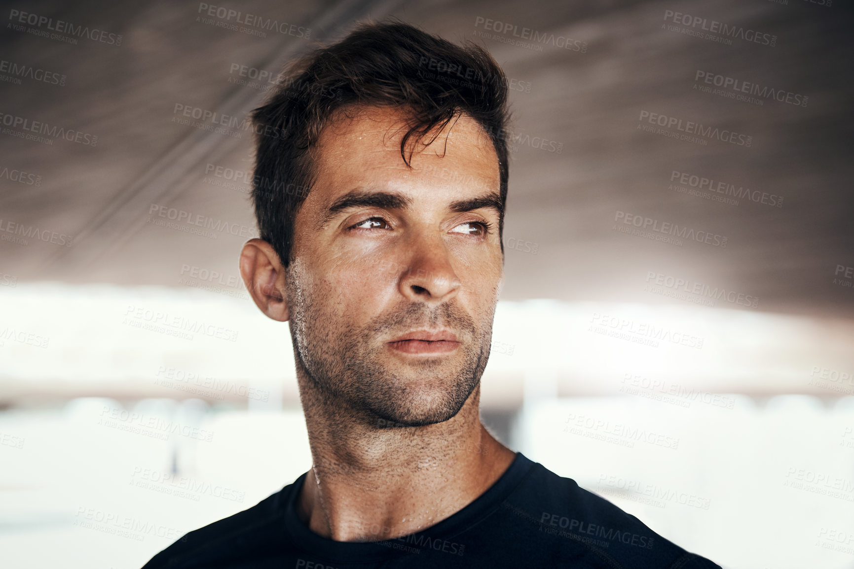 Buy stock photo Man, face and serious thinking for workout, exercise or training at gym or athlete, sports and healthy fitness with confidence. Male, runner and sweat and focus for cardio,  wellness or routine