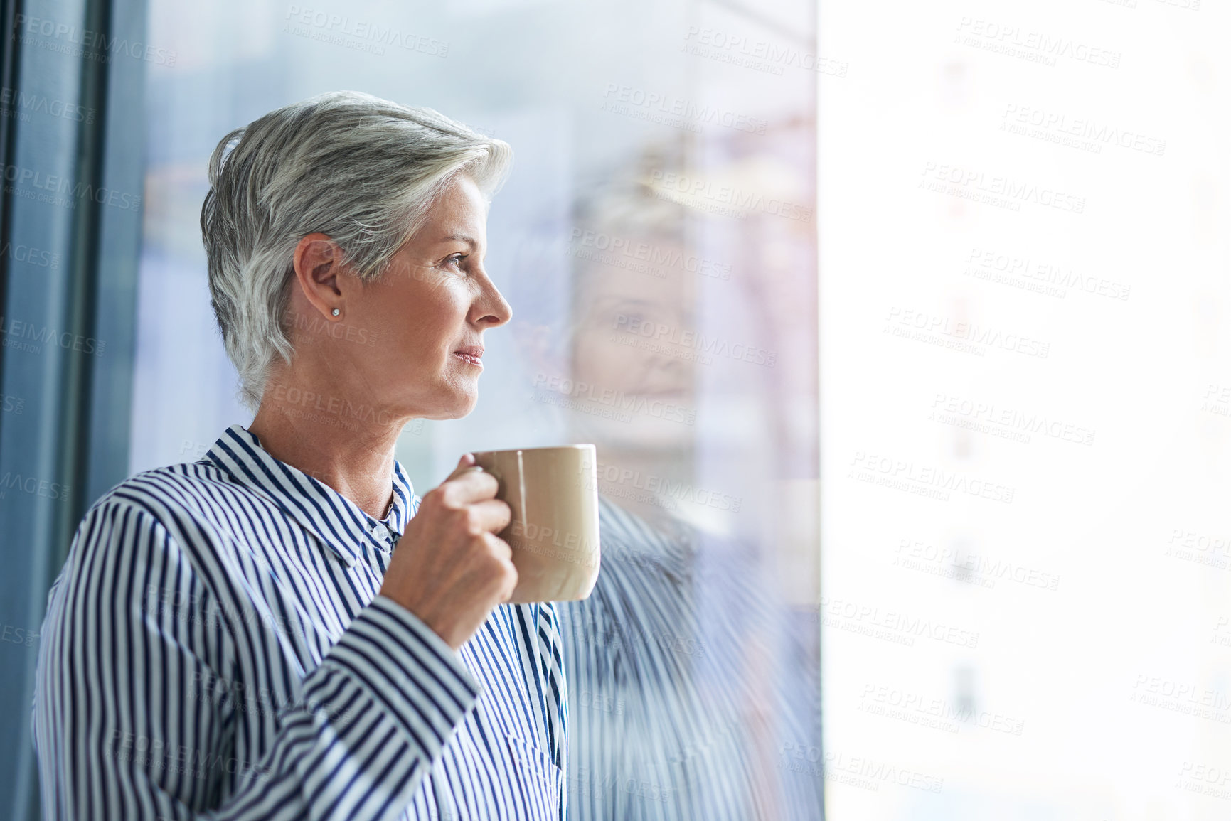 Buy stock photo Thinking, coffee and business woman by window for problem solving, company insight and decision. Professional, corporate ceo and mature person with drink for planning, brainstorming or idea in office