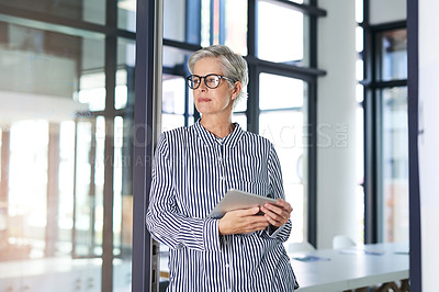 Buy stock photo Business woman, mature and thinking with tablet in project management, administration and progress report. Manager, technology and planning for ideas, research and schedule at office or company