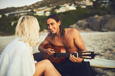 Buy stock photo Couple, people and happy with guitar at beach to relax for bonding, love and romance in Mauritius. Relationship, seaside and smile on picnic with musical instrument for break, holiday and anniversary