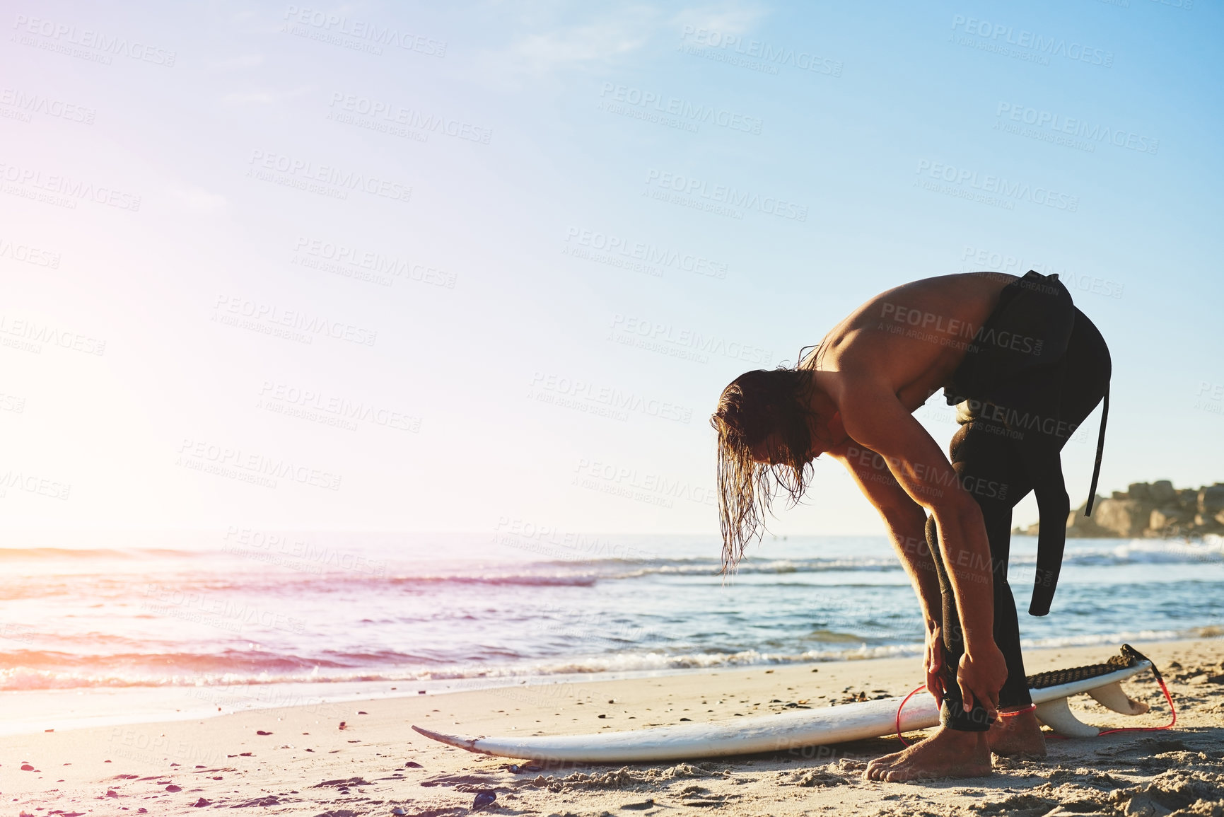 Buy stock photo Vacation, surfer and man with surfboard at beach for water sport, adventure and tropical holiday. Mockup space, tourist and person for surfing at ocean with fitness, travel and fun activity for hobby