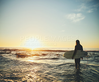 Buy stock photo Travel, surfer and man with surfboard in water for walking, adventure and tropical vacation. Back, tourist and person for surfing at ocean with fitness, mockup space and activity for hobby or sunset