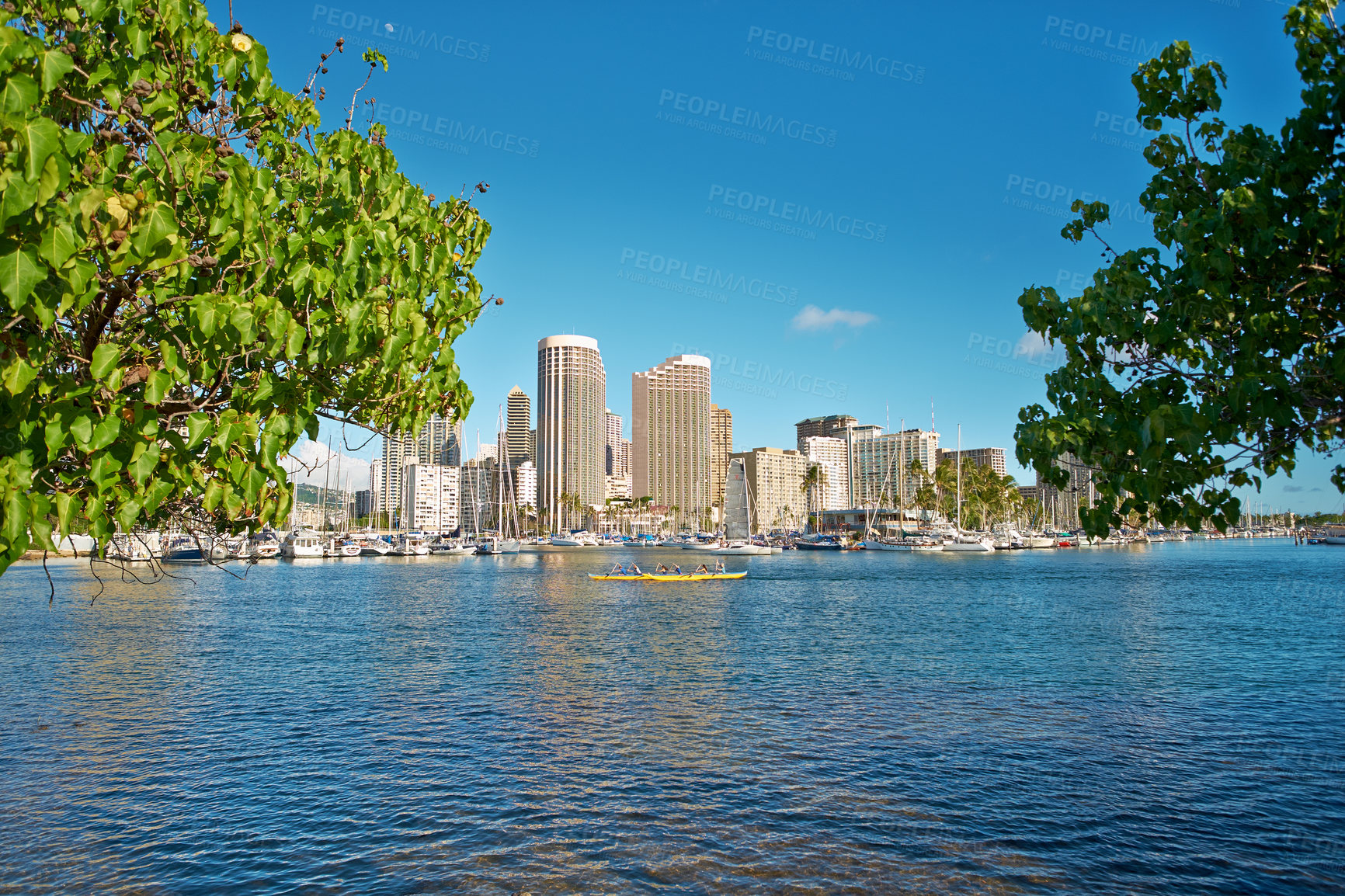 Buy stock photo Apartments or business district beside a beach on a sunny day with a cloudy blue sky and trees framing copyspace. Popular summer vacation tourist location in Hawaii. Luxury resort by ocean in the USA