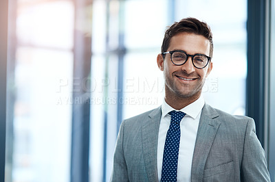 Buy stock photo Businessman, portrait and happy banker in finance with smile, confidence and investment banking career. Face, proud or professional broker in financial company, modern office or corporate institution