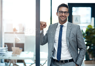 Buy stock photo Businessman, portrait or confident economist in finance with smile, pride or investment banking career. Face, smart and happy professional banker in financial company, office or corporate institution