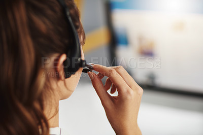 Buy stock photo Back, woman and headset with call centre in office for customer support, telemarketing and communication. Girl, mic and consultant of technical help, faq information and feedback for ecommerce advice