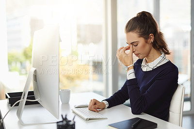 Buy stock photo Tired, business and woman with headache in office for computer glitch, corporate burnout and brain fog. Girl, fatigue and migraine with stress, medical emergency and report error for deadline crisis