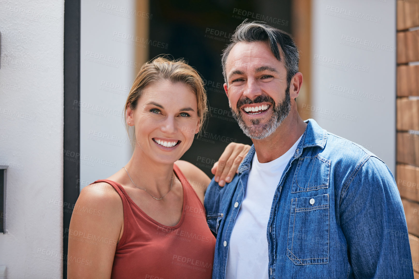 Buy stock photo Cropped portrait of an affectionate couple posing for a photograph outdoors