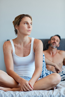 Buy stock photo Woman, couple and conflict in bed with fight for disagreement, argument and cheating. Ignore, people and doubt for toxic relationship, marriage infidelity and breakup with dispute in bedroom of home