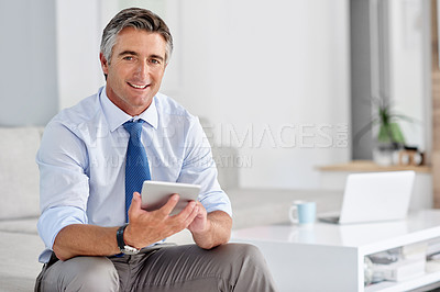 Buy stock photo Businessman, face and tablet in office for communication, networking and client email with confidence. Executive, portrait and mature person on sofa for research, project and corporate development