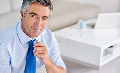 Buy stock photo Portrait of a confident mature businessman wearing a suit and sitting on a sofa indoors